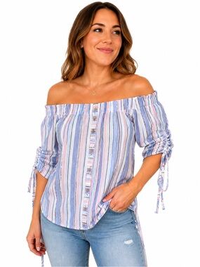 BCX Off-the-Shoulder Button Front Striped Top in Blue and Pink